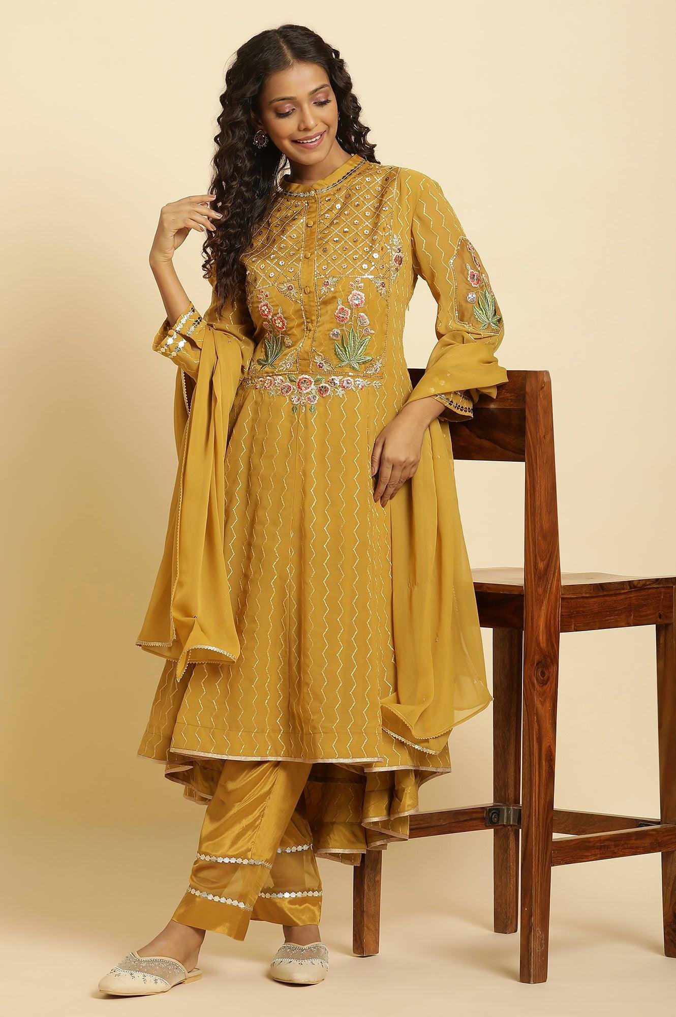 Yellow Embroidered Kurta, Pants And Dupatta Set - Image 8