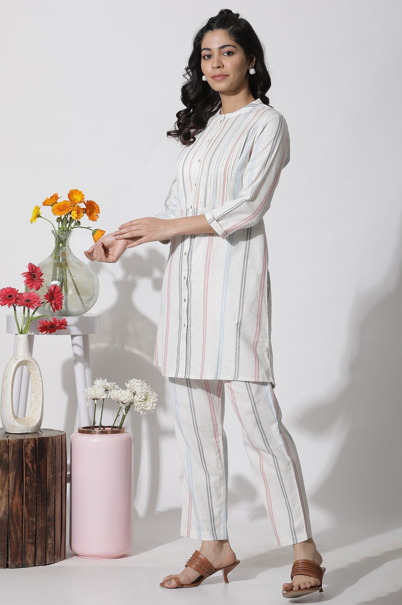 White Stripe Printed Pintuck Tunic And Pants Co-Ord Set - Image 8