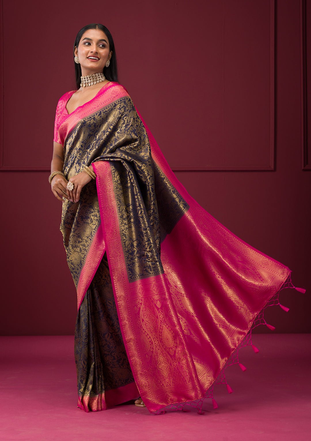 Navy Blue Zariwork Soft Silk Saree - Image 8
